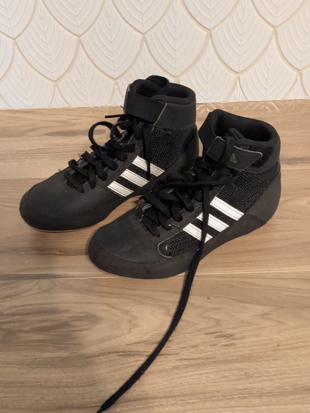 Adidas Black High-Top Wrestling Shoes with White Stripes